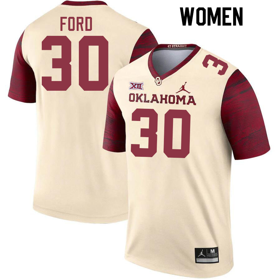 Women #30 Trace Ford Oklahoma Sooners College Football Jerseys Stitched-Cream - Click Image to Close